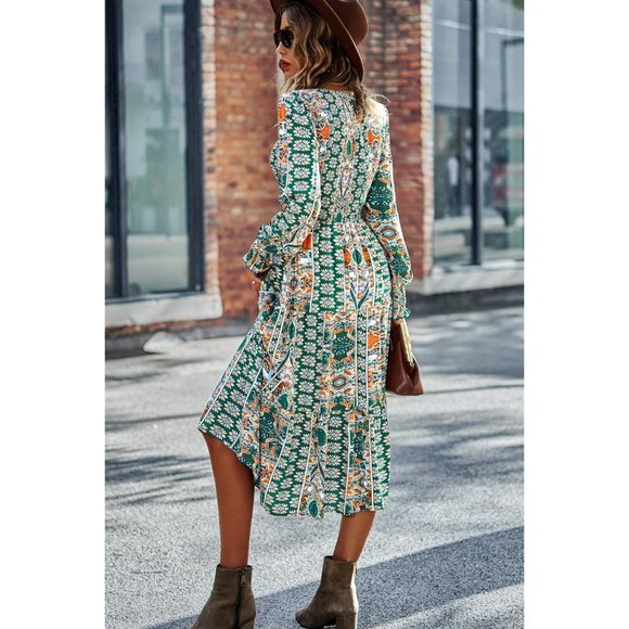 Patchwork Smocked Puff Sleeve Tiered Midi Dress - Picture 8 of 15